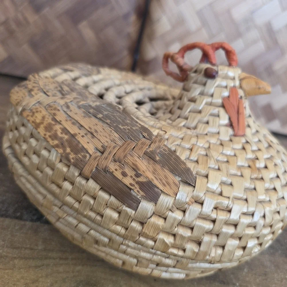 Vintage Woven Basket Chicken Rooster Wicker Unique Primitive with Lid Home Decor
